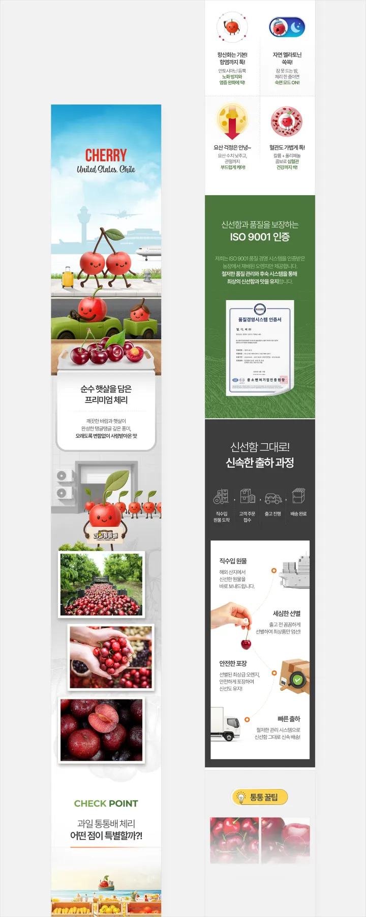 과일통통배 프리미엄 체리 상세페이지. 하늘색 배경에 체리 캐릭터와 제품 박스, 미국·칠레 수입 스토리, ISO 9001 인증과 신속 출하 과정 아이콘 구성