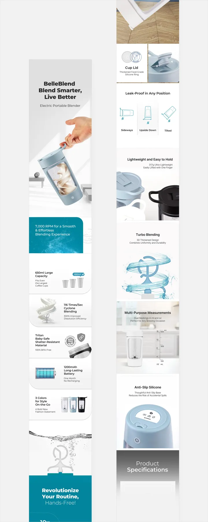 BelleBlend Electric Portable Blender 영문 상세페이지. 화이트와 민트 블루 배경에 3컬러 블렌더, 7000 RPM·650ml 용량 스펙, 누수 방지 3가지 자세 일러스트 구성