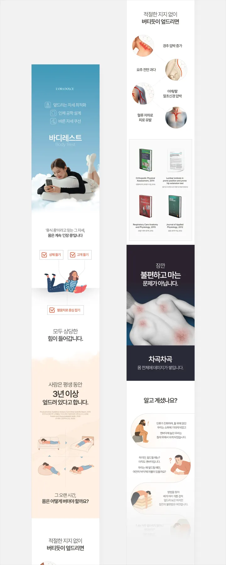 L'ORA DOLCE 바디레스트 Body Rest 상세페이지. 하늘색 그라데이션과 부드러운 핑크 톤 배경에 쿠션과 사용 모델, 엎드리는 자세 부작용 인체 일러스트, 의학 논문 출처 구성